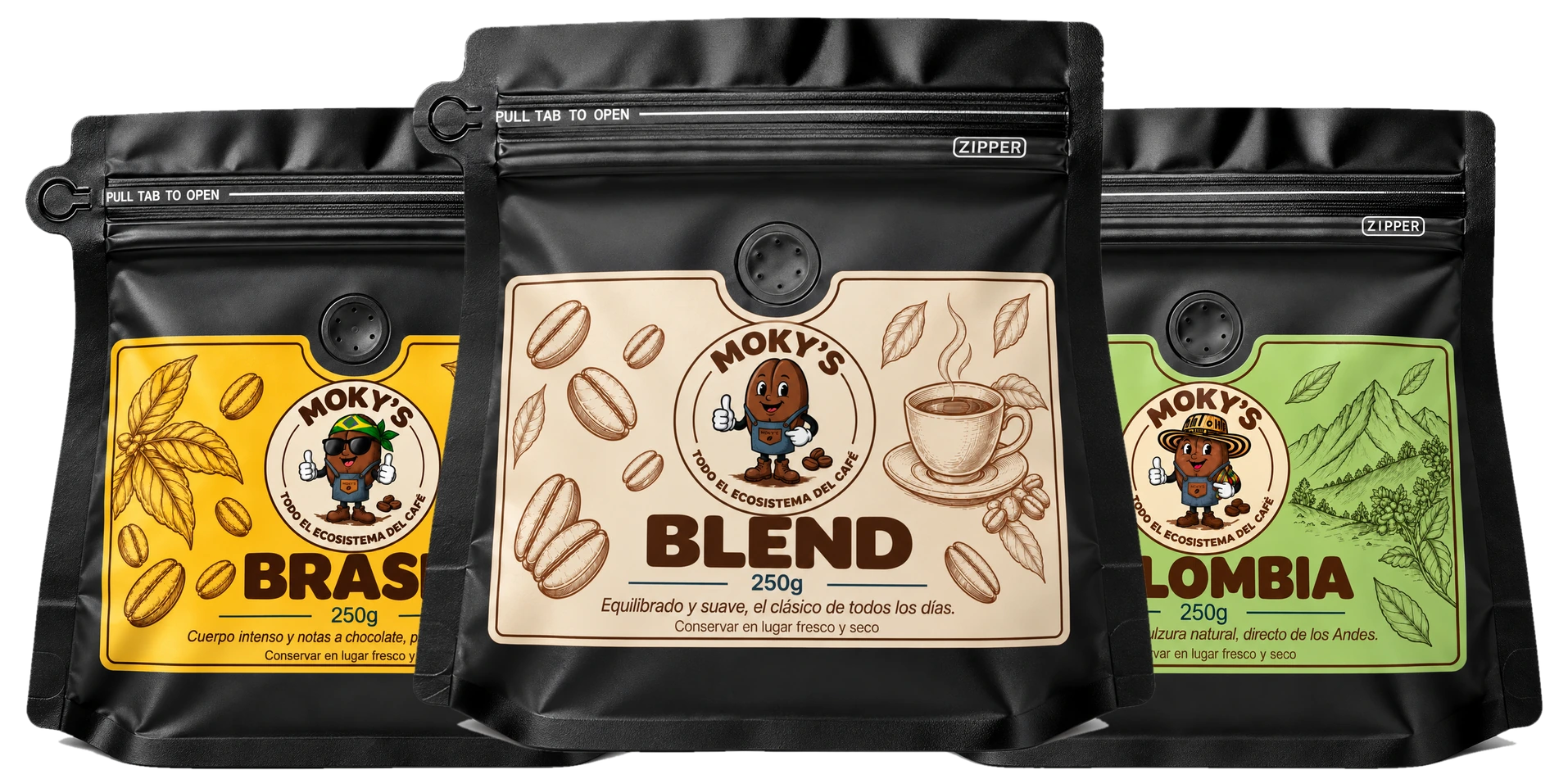 Pack de 3 cafés Moky's: Brasil, Blend y Colombia